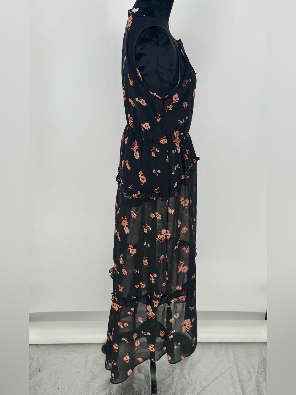 Xhilaration Size M Black Peach Floral Maxi Sleeveless Lined Dress High Low - Picture 2 of 14